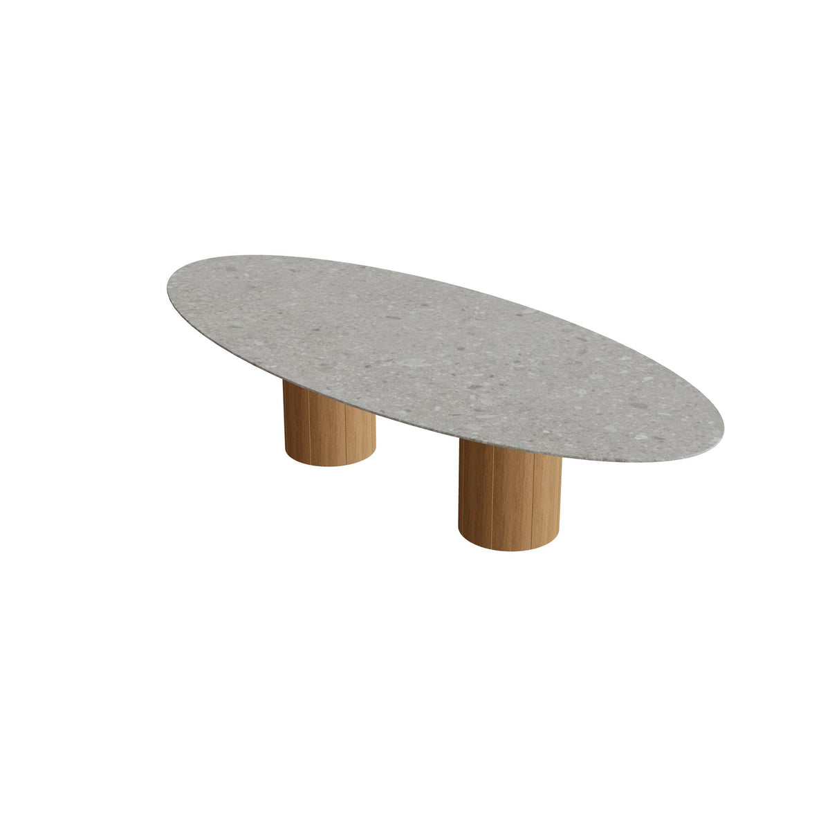 Royal Botania Regaliz Tisch Ellipse 320 x 140 cm mit Rundfuß, Esstisch, Fuß Teak, Keramik grau gemustert (Ceppo Dolomitica)