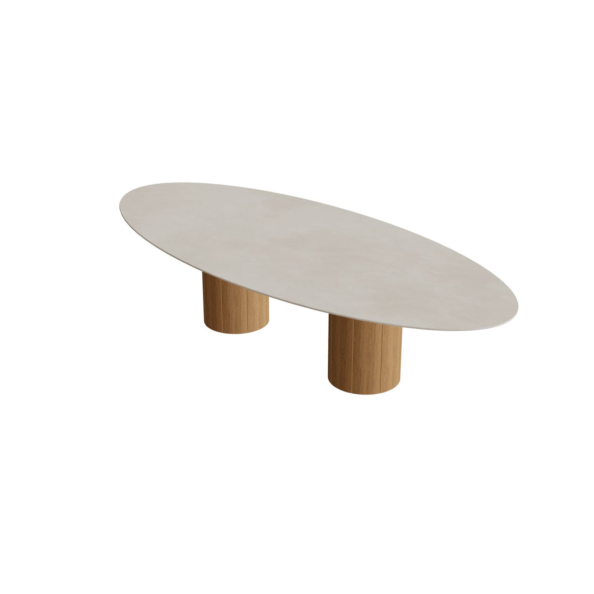 Royal Botania Regaliz Tisch Ellipse 320 x 140 cm mit Rundfuß, Esstisch, Fuß Teak, Keramik zementgrau (Cemento Luminoso)