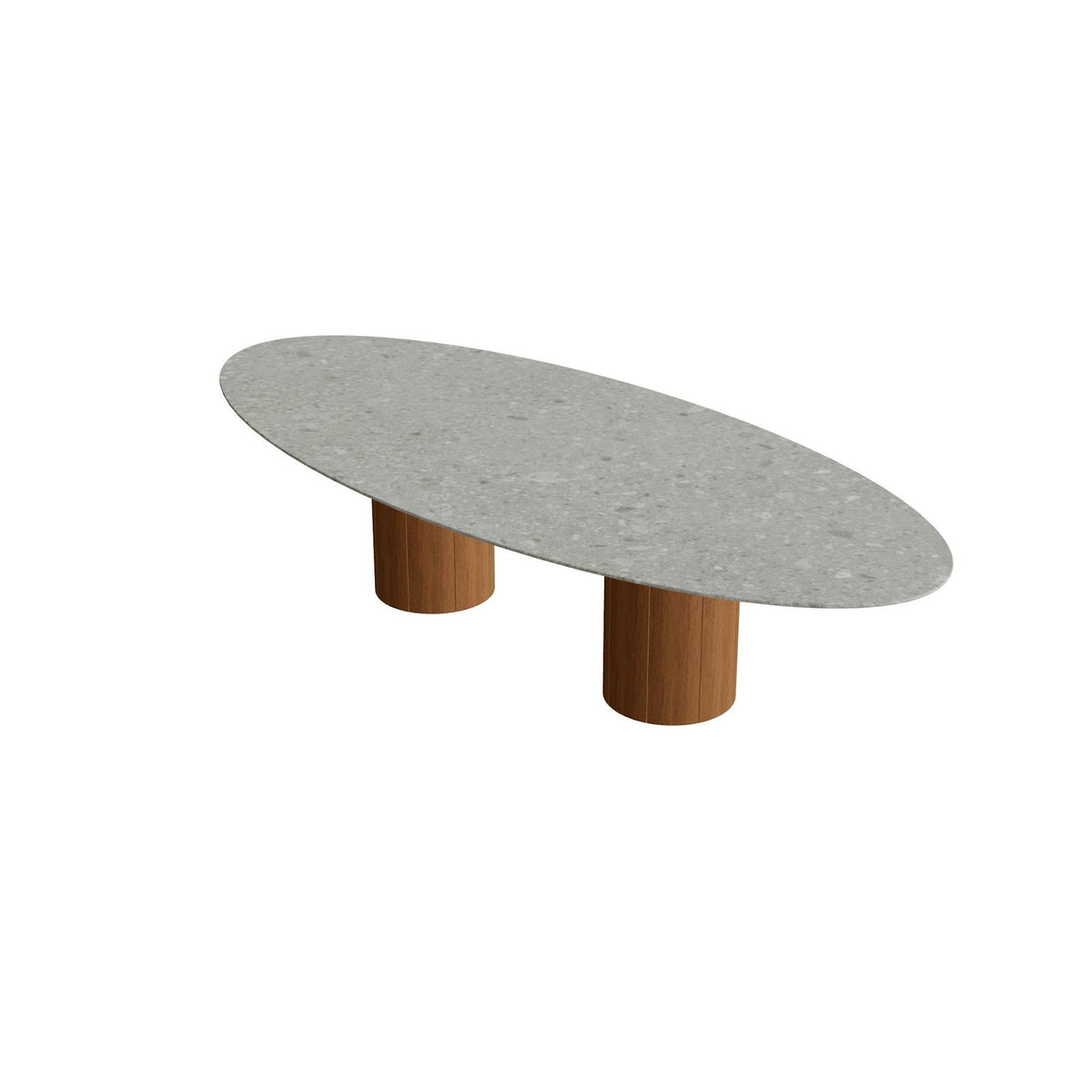 Royal Botania Regaliz Tisch Ellipse 320 x 140 cm mit Rundfuß – Esstisch, H 75 cm · Teak geölt · Keramik grau gemustert (Ceppo Dolomitica)