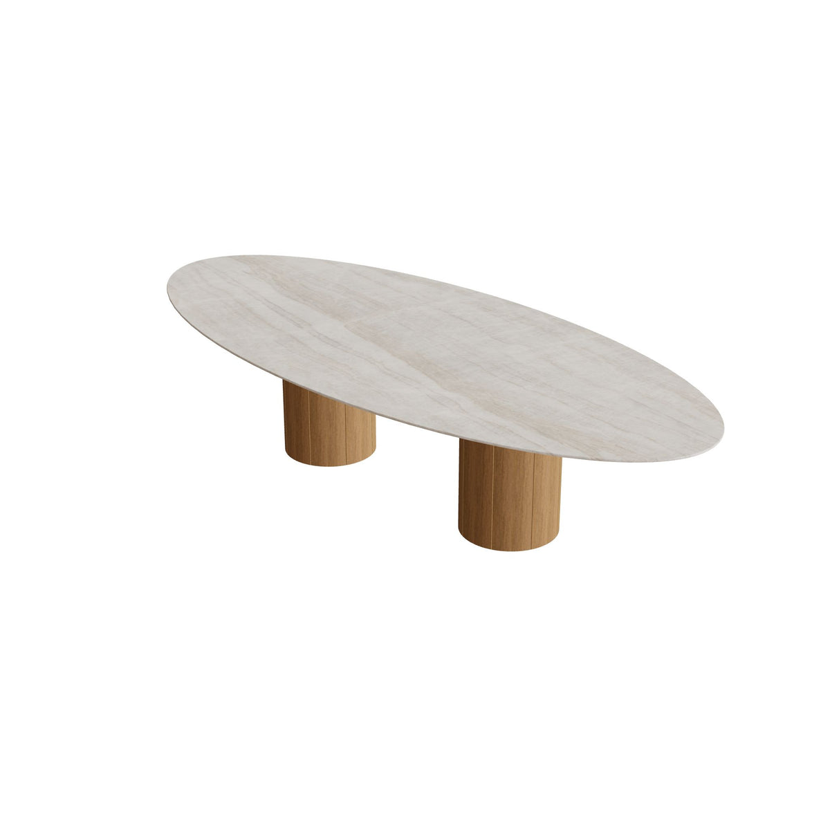 Royal Botania Regaliz Tisch Ellipse 320 x 140 cm mit Rundfuß, Esstisch, Fuß Teak, Keramik grau-braun geädert (Strato Quartz)
