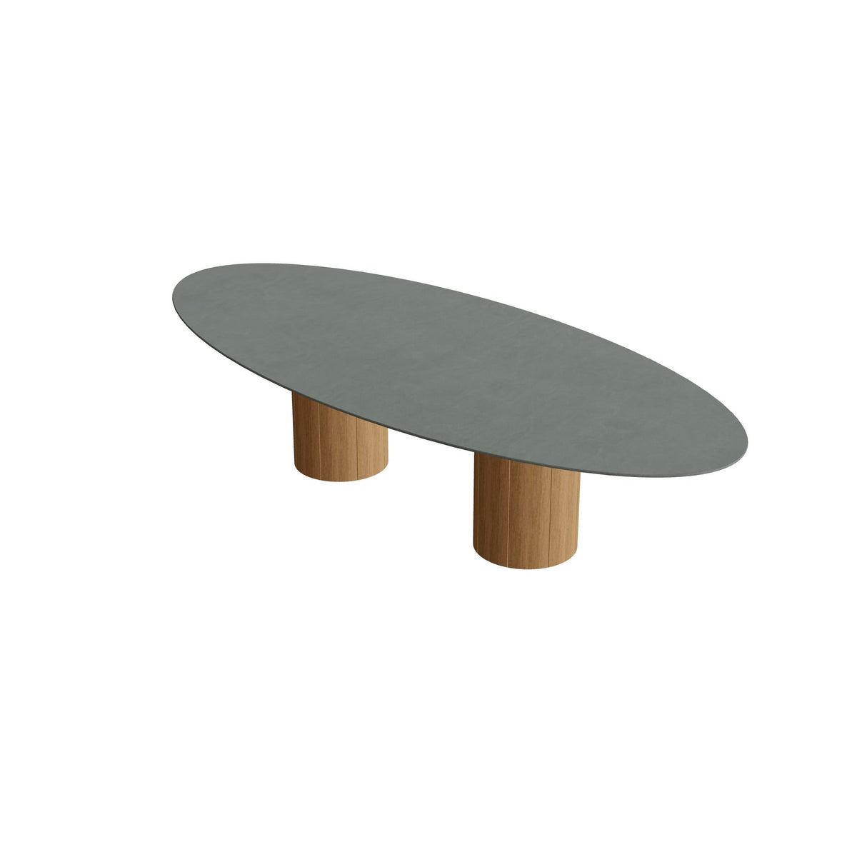 Royal Botania Regaliz Tisch Ellipse 320 x 140 cm mit Rundfuß, Esstisch, Fuß Teak, Keramik steingrün (Verdezza Amazon)