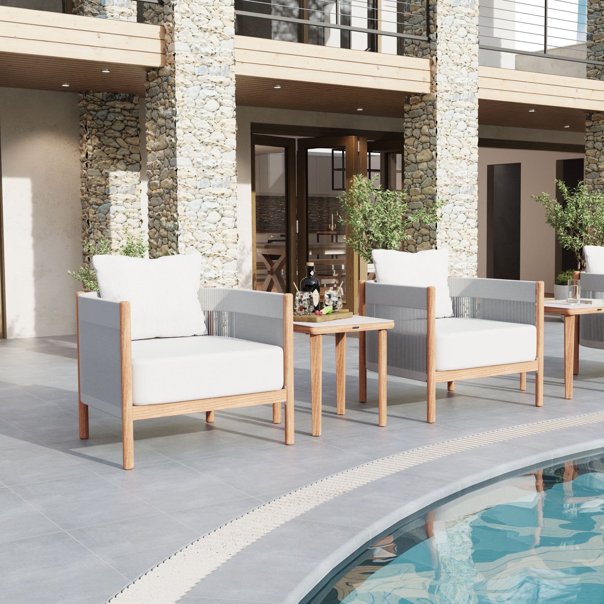 Der Barlow Tyrie Cocoon Sessel ist ein eleganter Sessel aus Aluminium mit einer geschwungenen Rückenlehne aus geflochtenem Chalk Olefin. Die Beine bestehen aus Teakholz, und der Sessel ist mit bequemen Kissen aus Sunbrella-Stoff in Kreideweiß ausgestattet. Mit einer Sitzhöhe von 46 cm bietet er Komfort und eine entspannte Haltung. Maße: 84 cm breit, 84 cm tief und 72 cm hoch. Ideal für den Außenbereich.