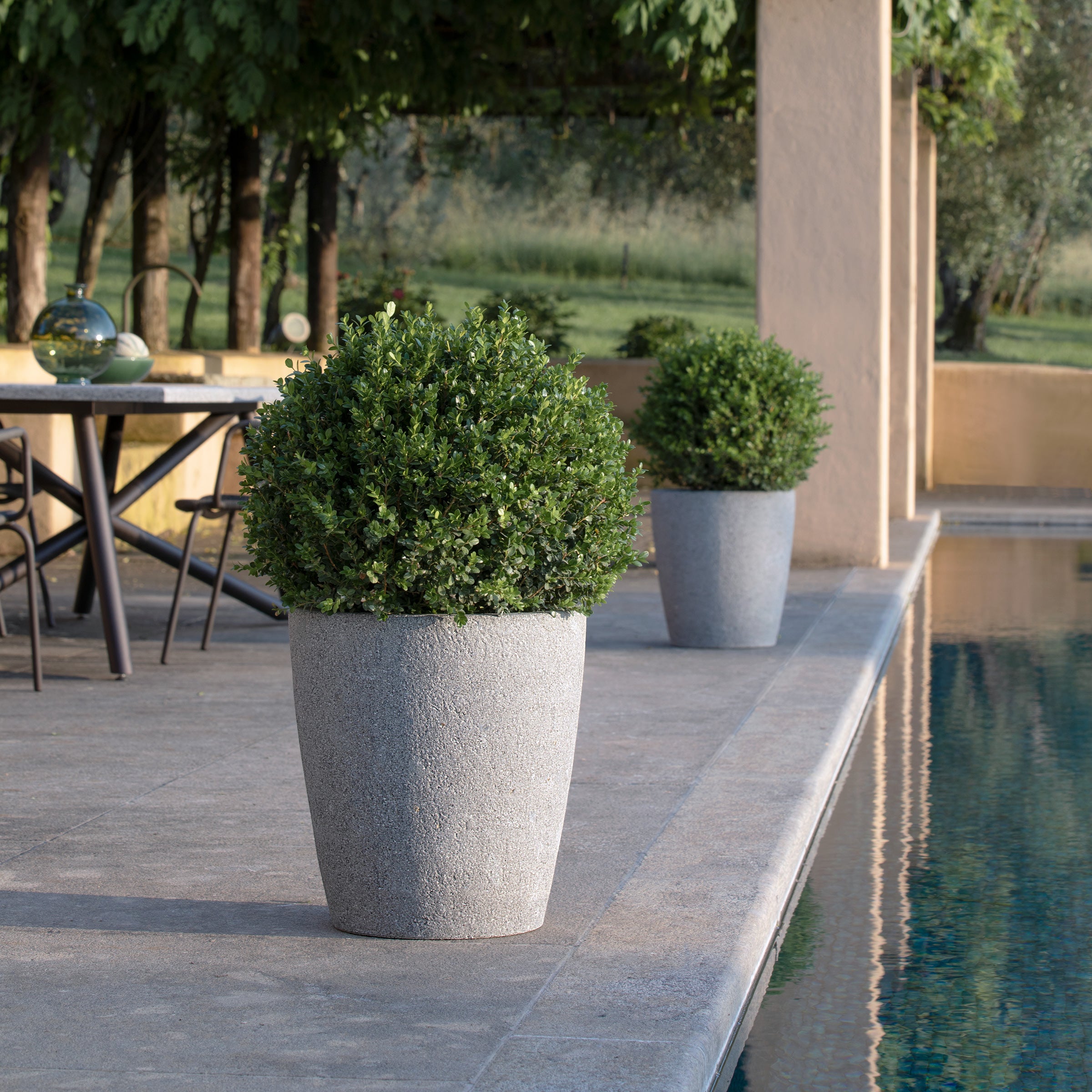 Das Atrium Pflanzgefäß besteht aus Naturstein und hat eine invertierte Kegelform mit abgerundeten Kanten.