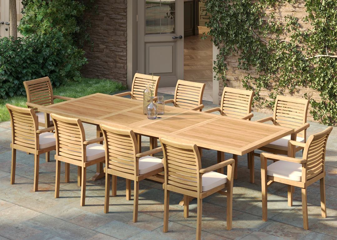 Garten-Stuhl Teak-Essgruppe – Ausziehtisch 180/240 cm mit sechs Stapelstühlen aus SVLK-Teak