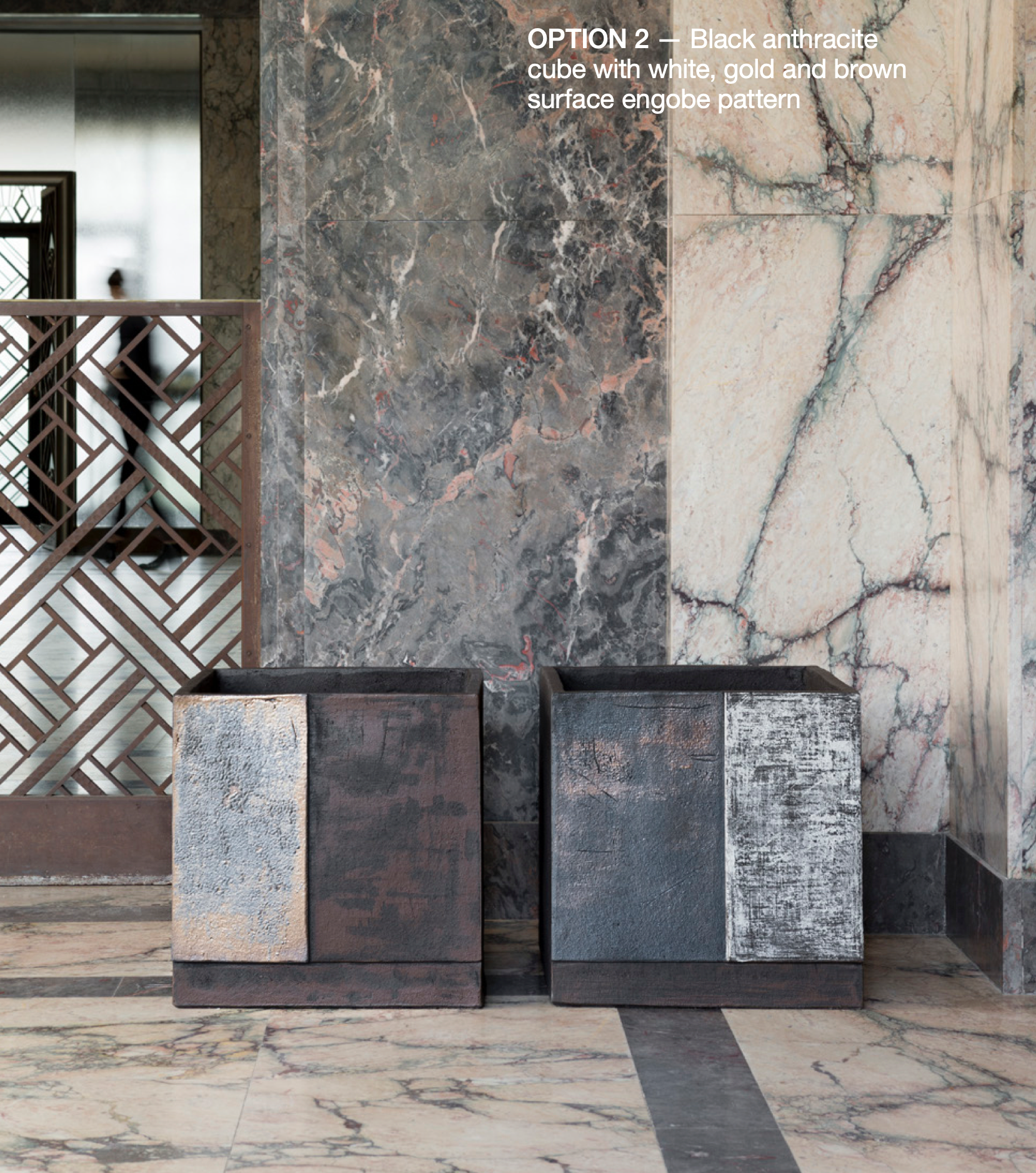 Atelier Vierkant BE4545 OPTION 2 — Black anthracite cube with white, gold and brown surface engobe pattern