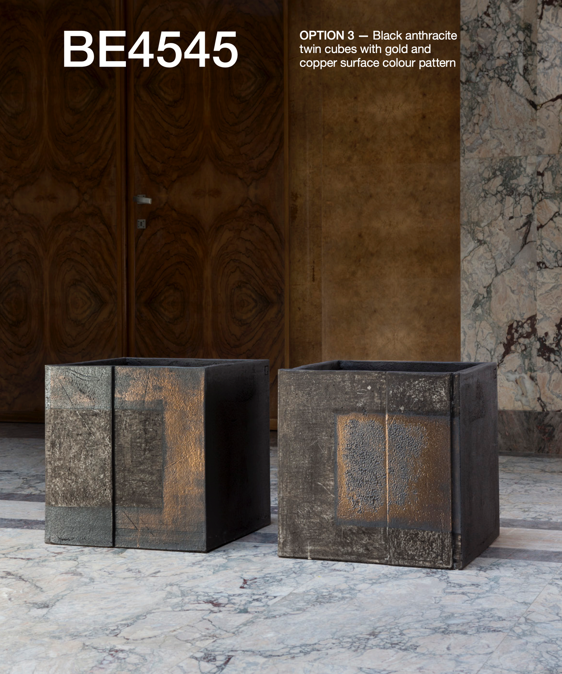 OPTION 3 — Black anthracite twin cubes with gold and copper surface colour pattern