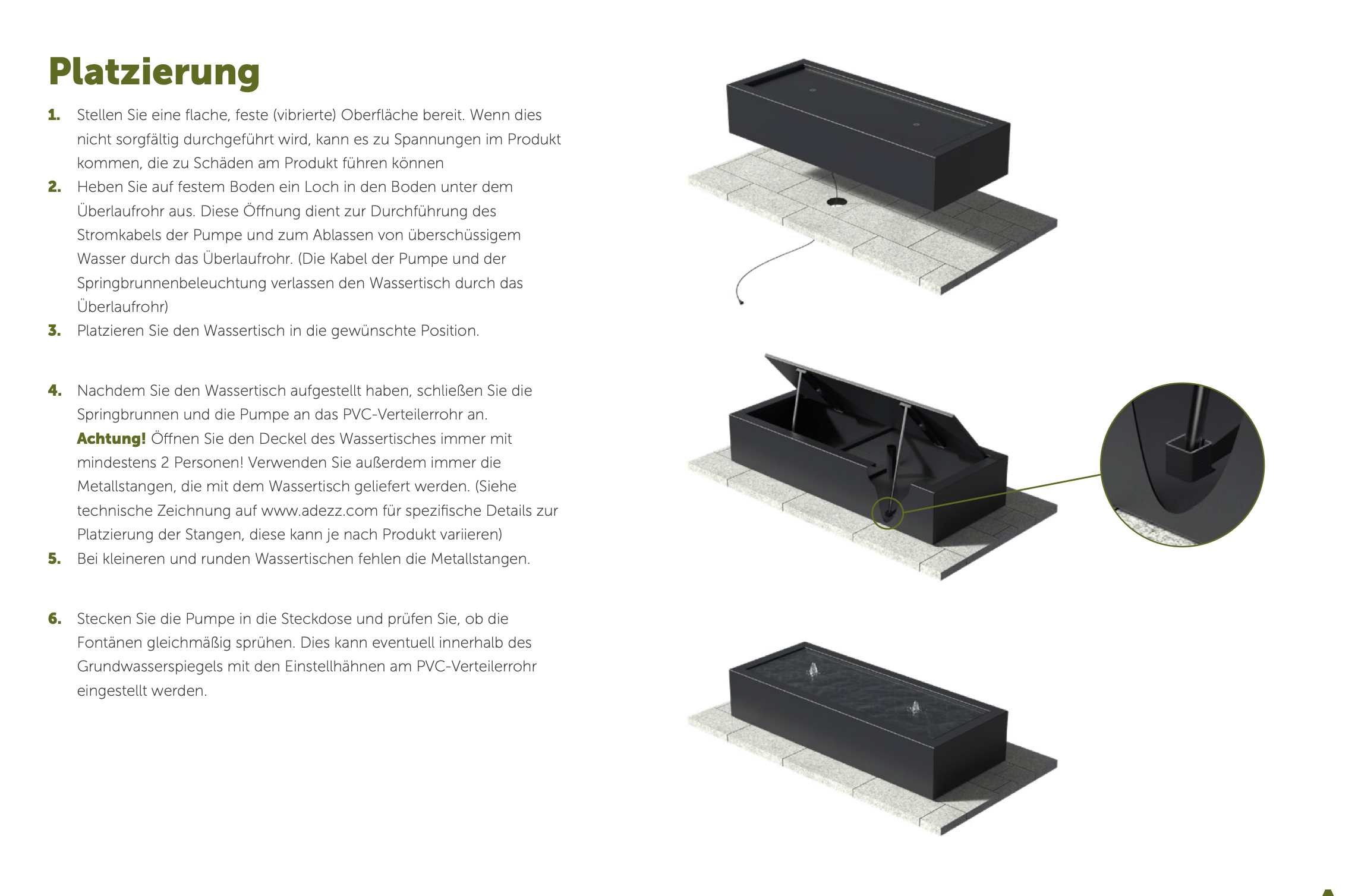 Adezz I Wassertisch mit Schalen aus Cortenstahl mit LED und Pumpe, rechteckig