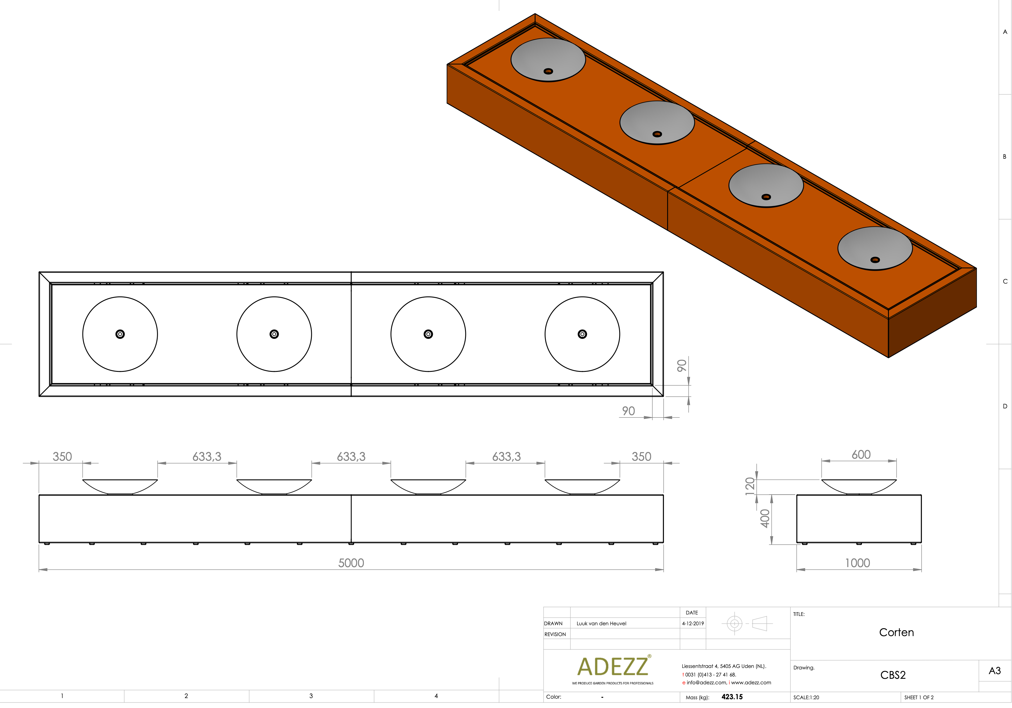 Adezz I Wassertisch mit Schalen aus Cortenstahl mit LED und Pumpe, rechteckig