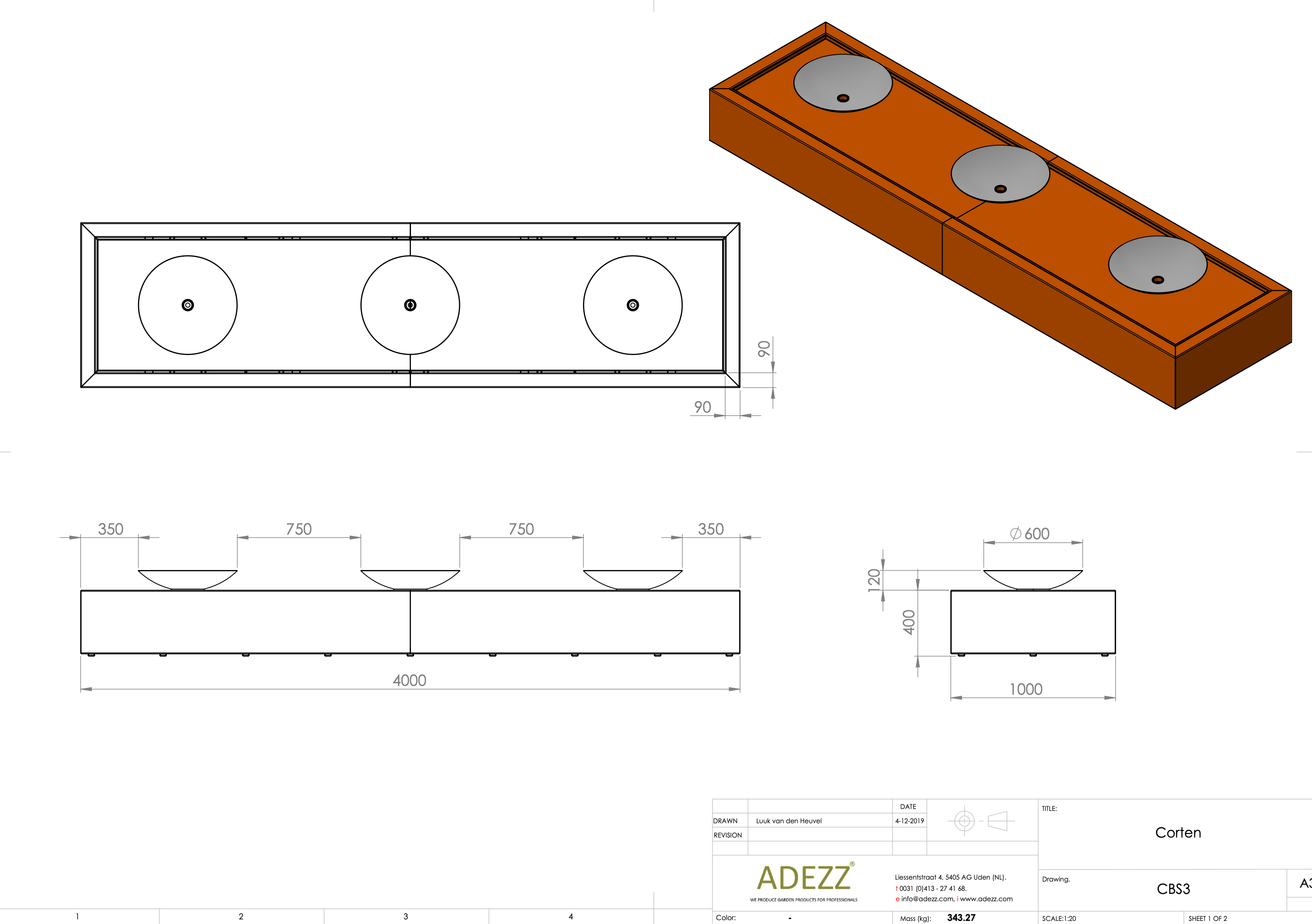Adezz I Wassertisch mit Schalen aus Cortenstahl mit LED und Pumpe, rechteckig