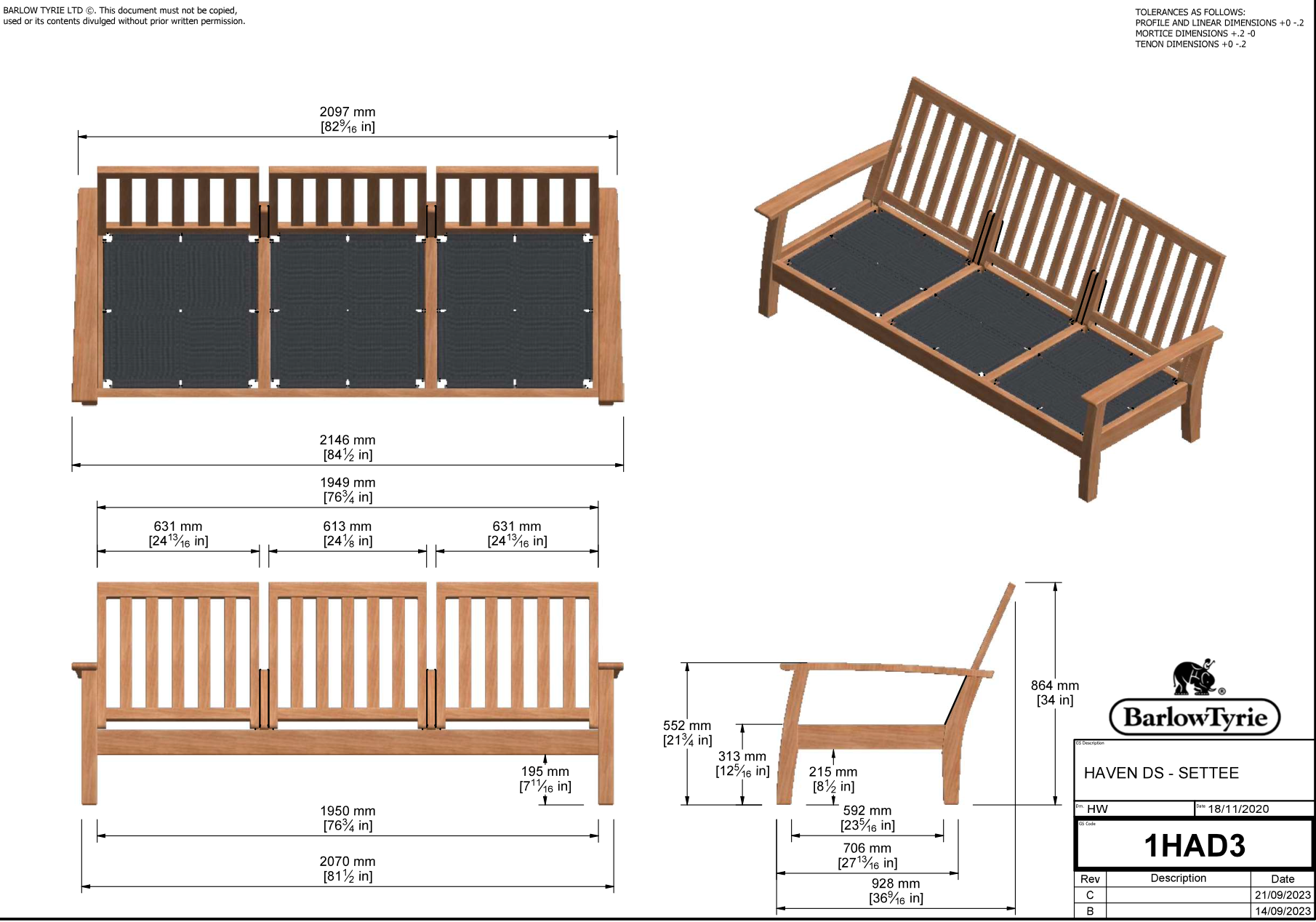 Barlow Tyrie Haven Sofa 214 cm – wetterfestes Teak für Garten und Terrasse