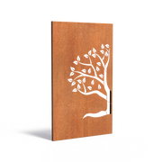 Was ist es?: Ein dekoratives Paneel aus Cortenstahl mit natürlicher Rostschicht und Baummuster.