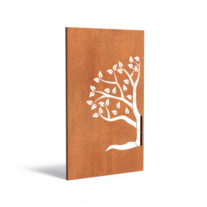 Was ist es?: Ein dekoratives Paneel aus Cortenstahl mit natürlicher Rostschicht und Baummuster.