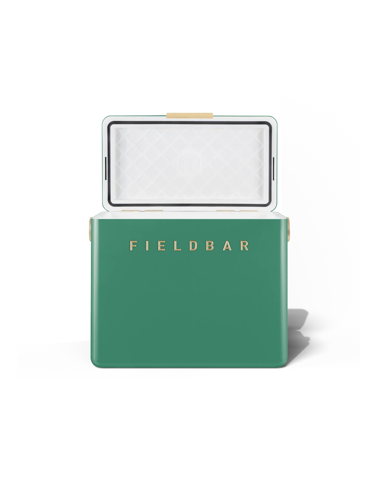 Fieldbar Gin Trunk Kühlbox Parisian Green geöffnet mit Innenraum