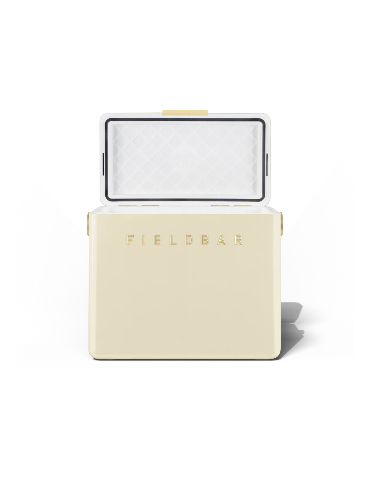 Fieldbar Gin Trunk Kühlbox Safari White geöffnet mit Innenraum