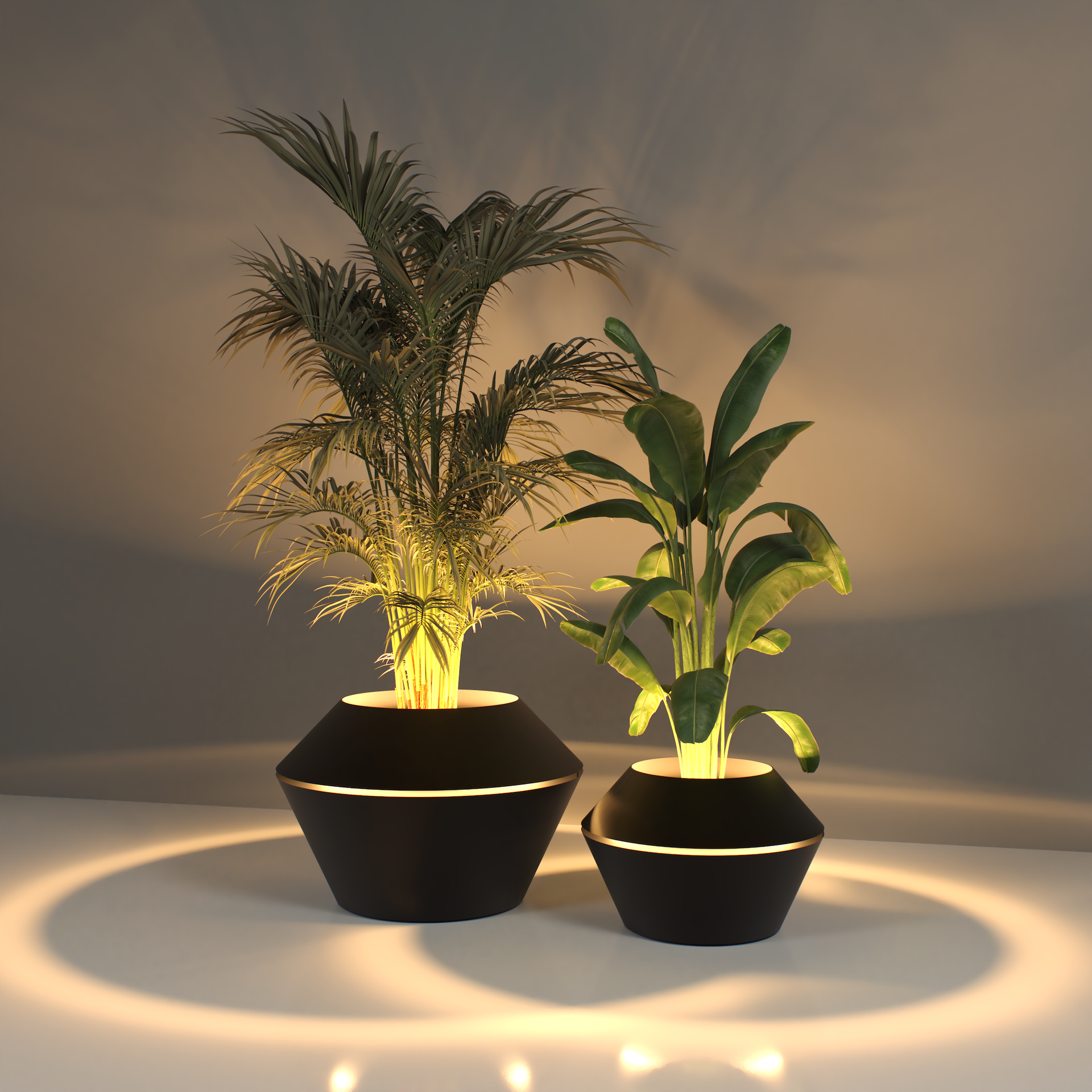 Oyster Pflanzkübel mit geometrischem Design und integrierter LED-Beleuchtung, hergestellt aus recyceltem Aluminium für den Innen- und Außenbereich.