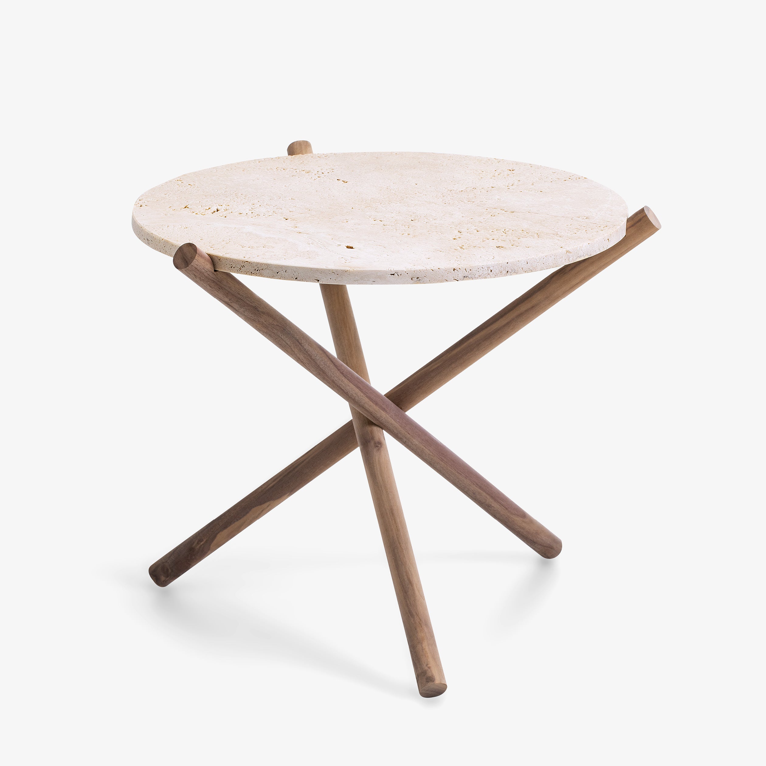 NATURAM By VELTHA® – Runder Beistelltisch aus Canaletto Walnussholz, Travertin und Peperino