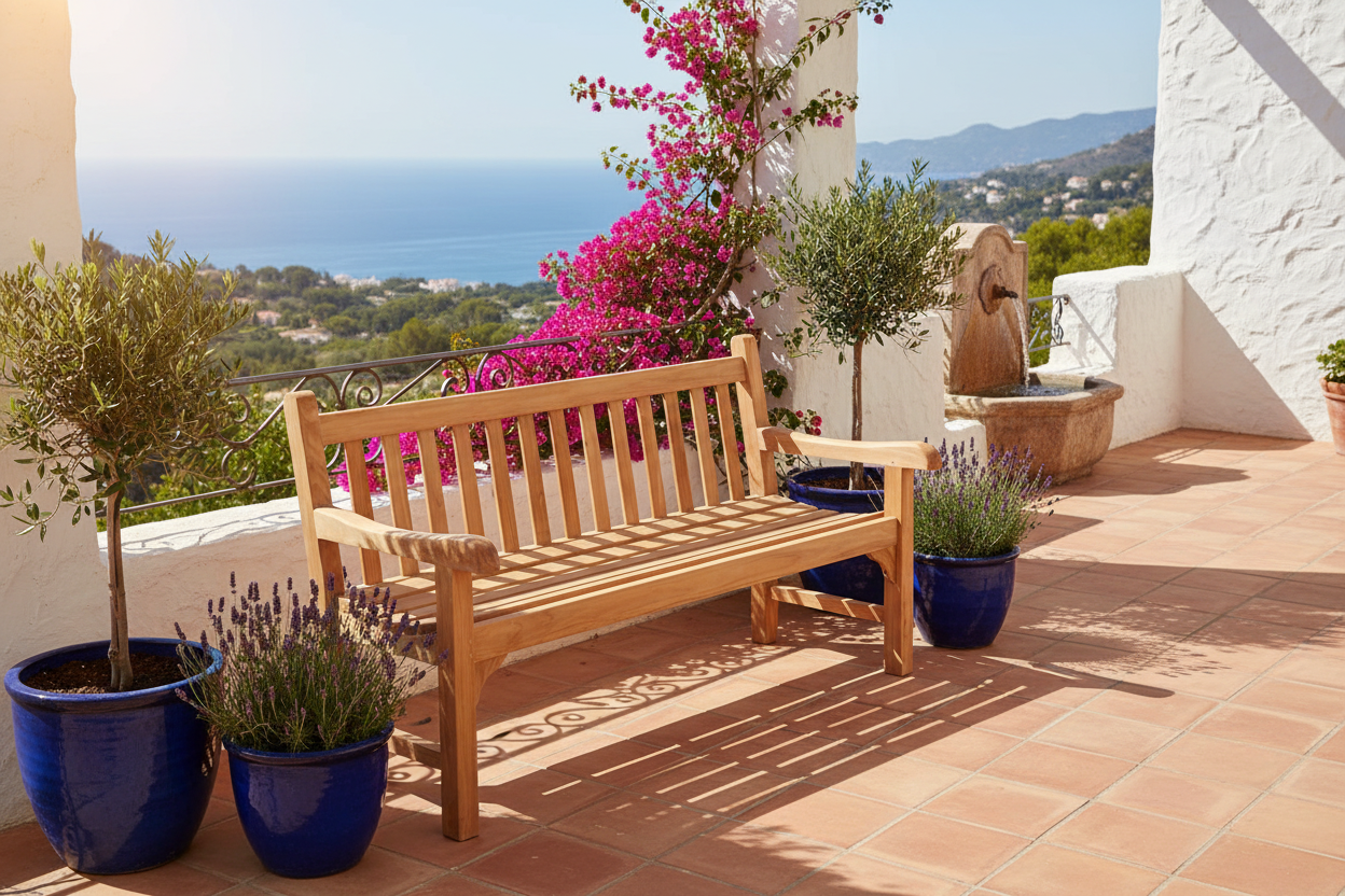 Gartenbank auf Terrasse aus Teakholz