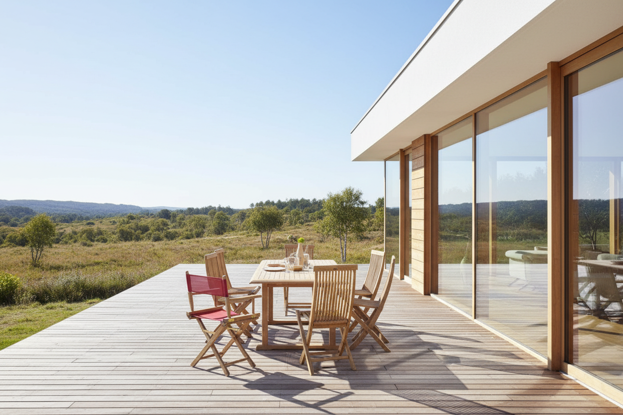 Gartentisch Nutzung auf moderner Terrasse mit Weitblick.