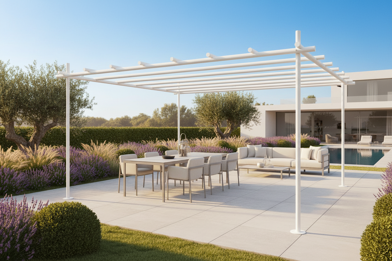 THOLOS Pergola Weiß – Freistehende Outdoor-Pergola von Veltha 440×440 cm – Bild 3