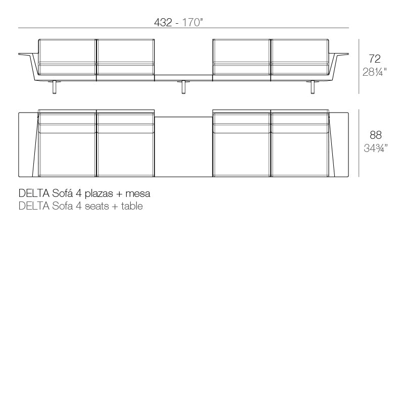 Vondom Delta 4-Sitzer Lounge Sofa mit integriertem Tisch Maße