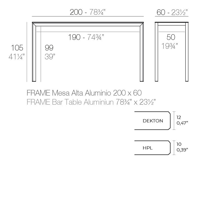 Vondom Frame Bartisch 200 cm, rechteckig Maße