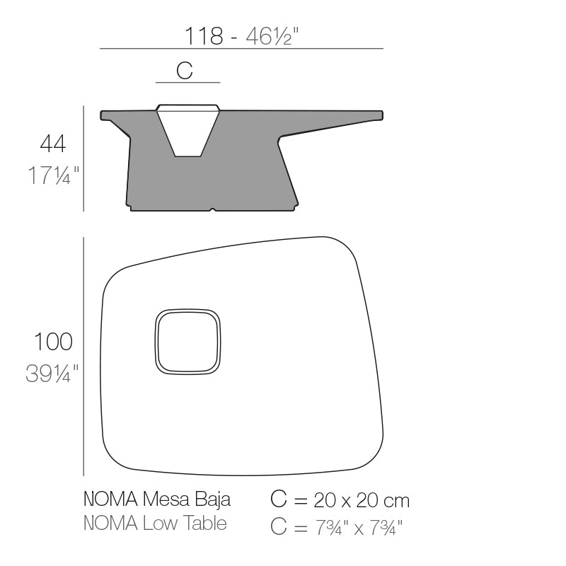 Vondom Noma Loungetisch 118 cm, rechteckig Maße