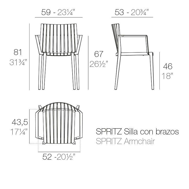 Vondom Spritz Stuhl mit Armlehnen, 4er Set Maße