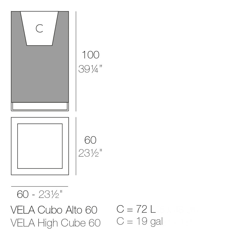 Vondom Vela Cubo Alto Pflanzgefäß 60x60x100 cm Maße