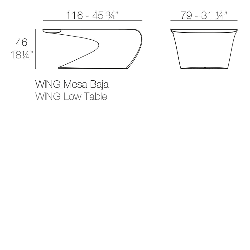 Vondom Wing Kaffeetisch 116 cm, rechteckig Maße