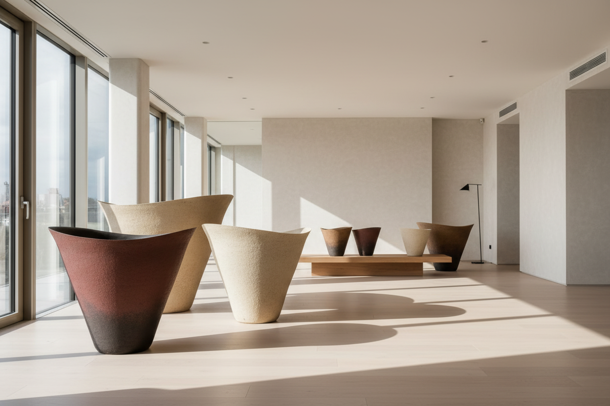 Matte, mineralische Keramikoberfläche des handgefertigten Atelier Vierkant IRIS Pflanzgefäßes in erdigen Farbtönen.