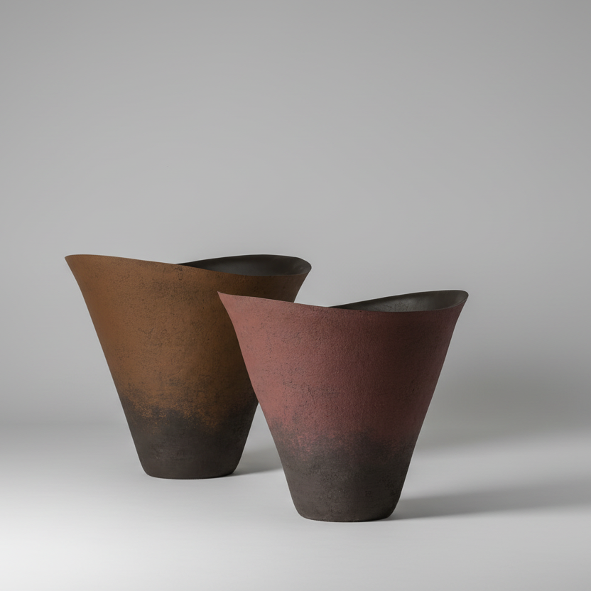 Matte, mineralische Keramikoberfläche des handgefertigten Atelier Vierkant IRIS Pflanzgefäßes in erdigen Farbtönen.