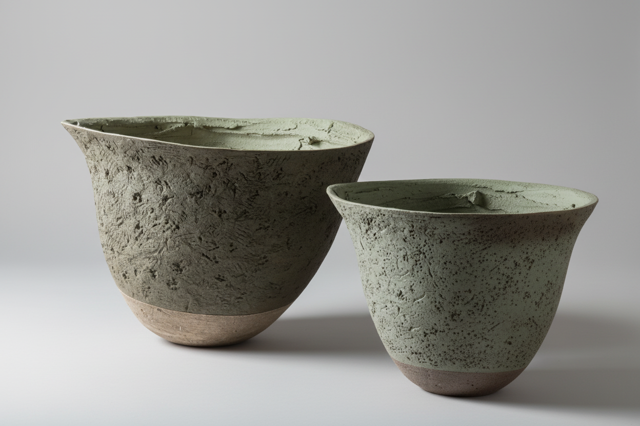 Handgefertigtes KALIS Pflanzgefäß von Atelier Vierkant aus frostfester Terrakotta mit skulptural geneigter Form.