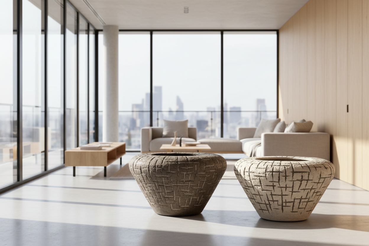 Atelier Vierkant LP100 Pflanzgefäß aus glatter Terrakotta, handgefertigt und frostfest, für Garten, Terrasse und Innenhof.