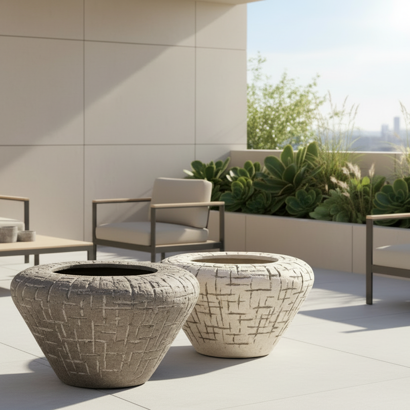 Detailansicht der strukturierten Terrakotta-Oberfläche des Atelier Vierkant LPS100 Pflanzgefäßes.