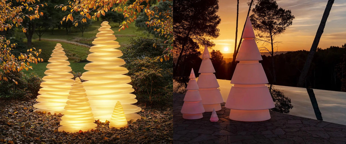 Leuchtende Weihnachtsbäume Vondom Chrismy im herbstlichen Garten und Vondom Forest auf einer Terrasse bei Sonnenuntergang
