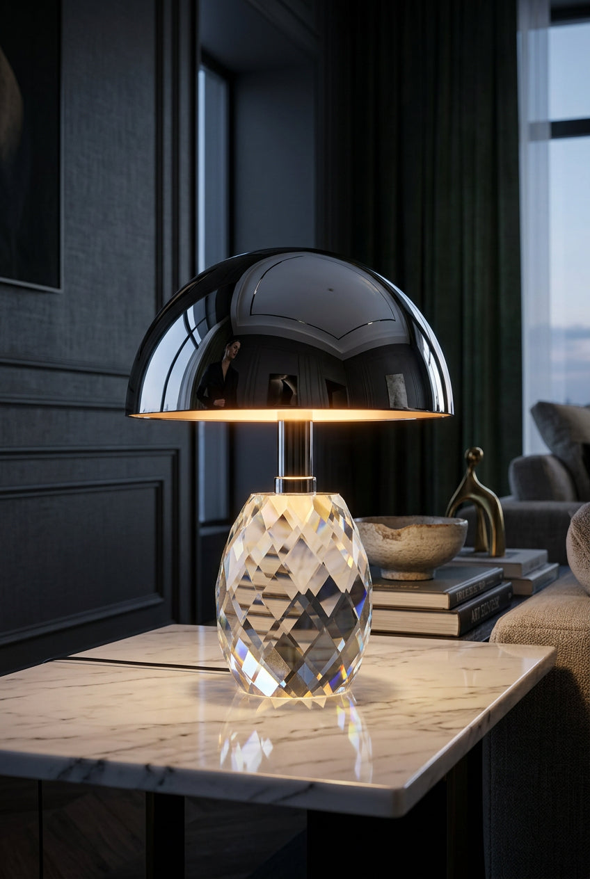 MITCH LED-Akku-Tischleuchte Silber mit glänzendem Chromschirm und facettiertem Glasfuß