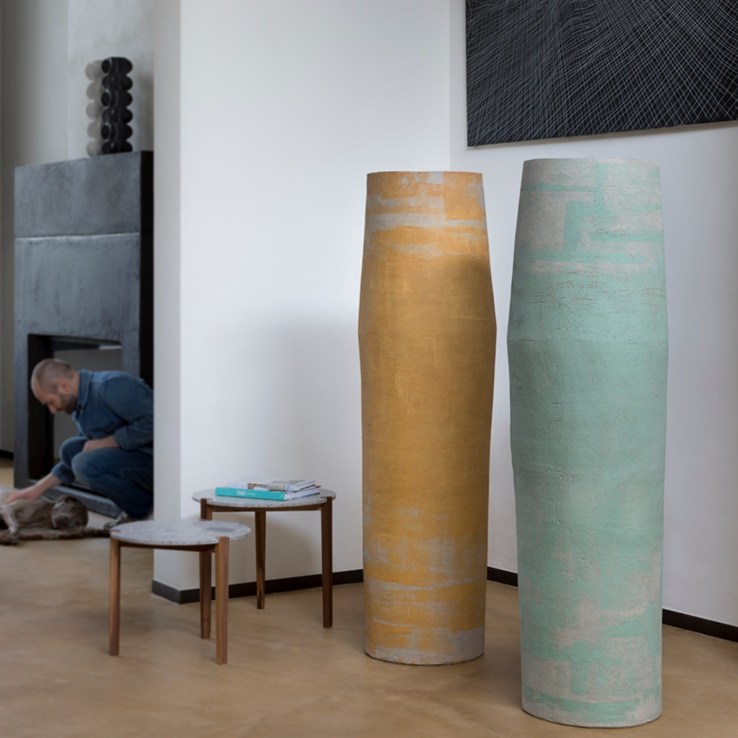 Atelier Vierkant AS130, frostbeständige Hohe Gefäße 130cm Höhe in Gelb und grün.