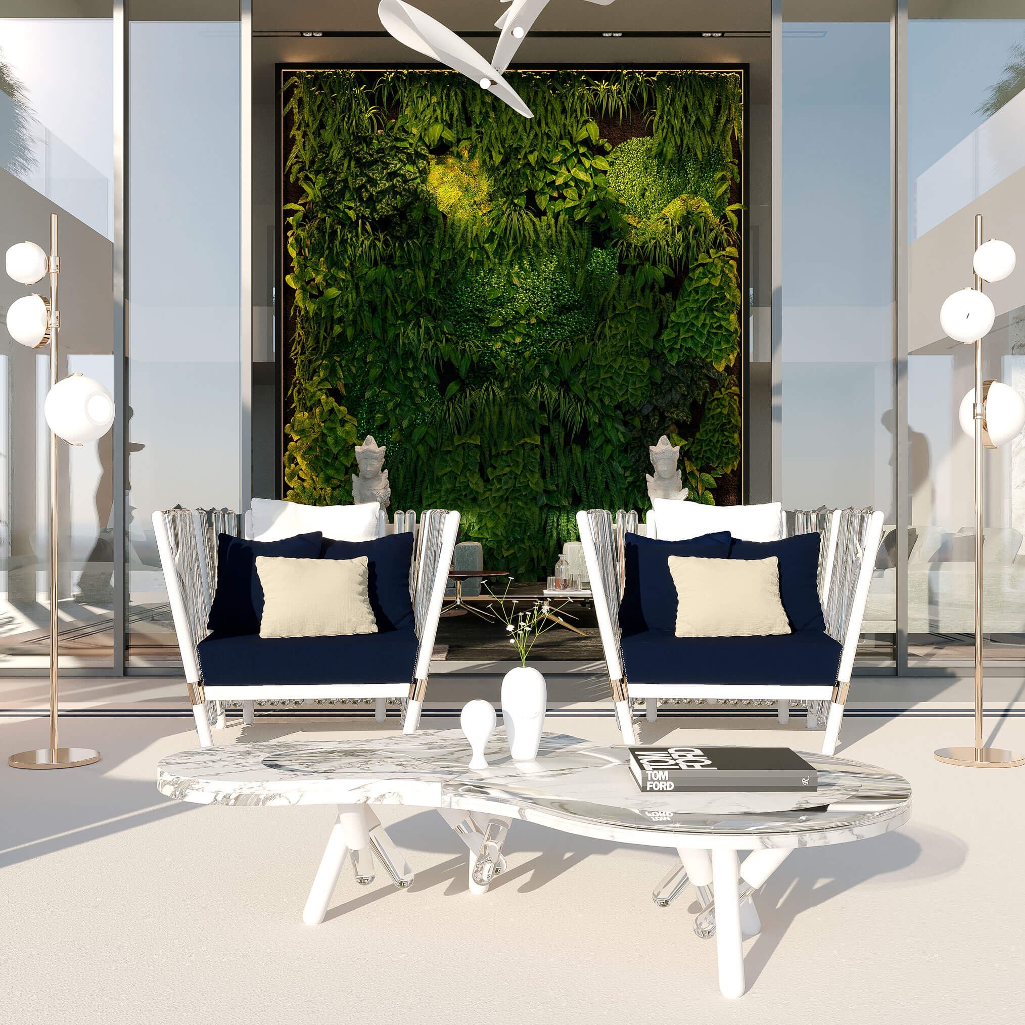 Zwei Myface Armchair aus der Kollektion HOUDINI mit blauen Kissen stehen  im Hotel Eingang in  Miami Florida.