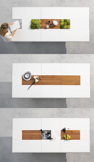 Ego Paris ausziehbarer Esstisch Extrados Medium mit Teak Tischläufer