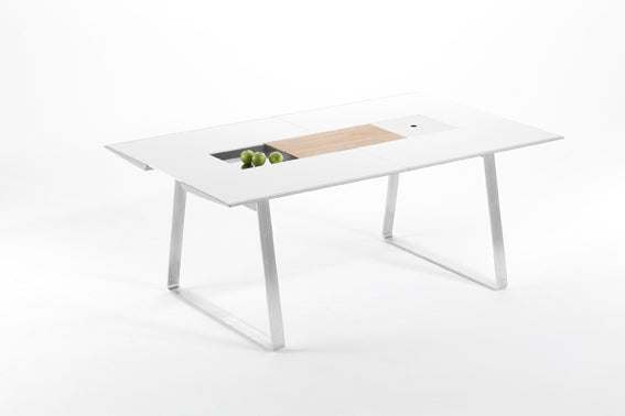 Ego Paris Esstisch Extrados 180 in weiß mit holzfarbenen Tischläufer