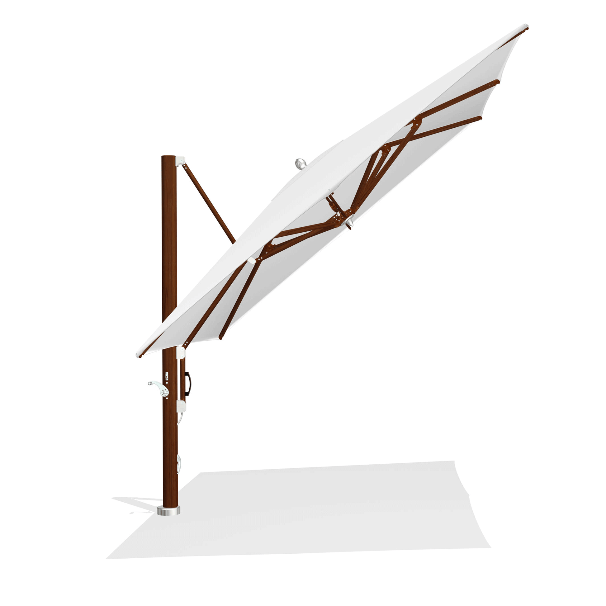 Tuuci Ampelschirm, Ocean Master Cantilever 3,05 x 3,05m mit einer weißen Bespannung. Der Sonnenschirmmast und die Streben sind in Teakholz Finish