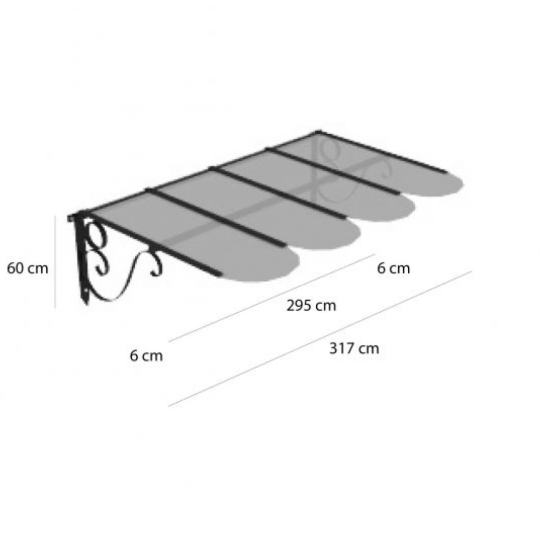 Das Vordach ist in mehreren Größen erhältlich: 217 x 120 x 60 cm und 317 x 120 x 60 cm sowie als Erweiterungen mit den Maßen 201 x 120 x 60 cm und 301 x 120 x 60 cm.