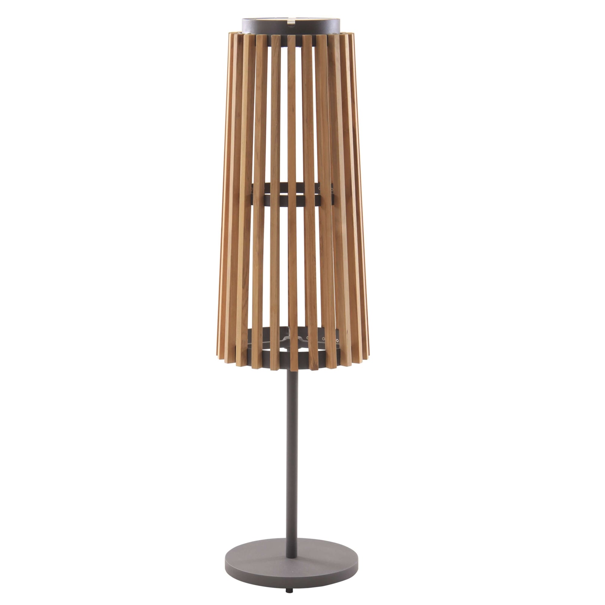 Solare is a graphite aluminum or  Stainless Steel outdoor floor lamp with Ø 26 lampshade in Teak slats.‎ LED characteristics: 13200mAh - 2700k - 600lm Charging: solar - USB